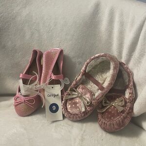 2 pairs! Cat & Jack Pink Dress Slip on shoes and Gold Kids Comfy Slippers